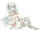  animal_ears bad_id detached_sleeves hatsune_miku hibiya navel necktie simple_background sitting skirt solo thigh-highs thighhighs twintails vocaloid white_background wink 