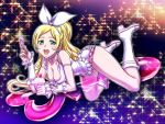  adapted_costume blonde_hair boots breasts choker cleavage cure_rhythm earrings food frills green_eyes hair_ribbon hajime_(caramel_toone) ice_cream jewelry leotard long_hair magical_girl minamino_kanade musical_note precure purple_background ribbon smile solo sparkle spoon suite_precure wrist_cuffs 