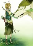  animal antlers arrow bow_(weapon) brown_hair closed_eyes eyes_closed grass green_eyes highres mk_(masatusaboten) original petting quiver sandals short_hair solo tunic weapon wolf 