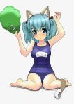  1girl animal_ears blue_eyes blue_hair blush breasts cat_ears cat_tail hair_bobbles hair_ornament hat hat_removed headwear_removed ishikkoro kawashiro_nitori kemonomimi_mode school_swimsuit simple_background sitting solo swimsuit tail touhou wariza 