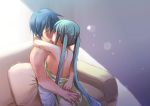  1girl aqua_hair blue_hair couple hatsune_miku jewelry kaito kiss long_hair ring salovesy sweat twintails vocaloid 