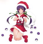  akira_(natsumemo) alternate_hairstyle belt blush christmas earrings embarrassed fur_trim gloves hair_bobbles hair_ornament hat highres jewelry long_hair master_ball natsume_(pokemon) poke_ball pokemon pokemon_(game) pokemon_rgby pom_pom_(clothes) pom_pom_(clothing) purple_hair red_eyes sack santa_costume santa_hat simple_background solo thigh_gap twintails white_background 