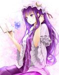  book checkered checkered_background crescent frills hat holding holding_book jurakin konnyaku963 long_hair open_book open_mouth pajamas patchouli_knowledge purple_eyes purple_hair reading sitting solo touhou very_long_hair violet_eyes wide_sleeves 