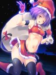  animal_ears armlet belt black_background black_legwear boots breasts cat_ears cat_tail christmas cleavage_cutout dress gloves halterneck hat heart heart_cleavage_cutout heart_cutout kneeling maki_(seventh_heaven_maxion) midriff navel original purple_hair red_dress santa_costume santa_hat shiny shiny_skin short_hair skindentation skirt smile solo tail taut_shirt thigh-highs thighhighs under_boob underboob v wink yellow_eyes 