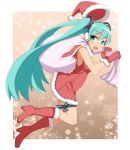  aqua_eyes aqua_hair boots cro dress earmuffs garters gloves hat hatsune_miku high_heels knee_boots long_hair open_mouth project_diva project_diva_2nd project_diva_extend sack santa_costume santa_hat shoes solo thigh-highs thigh_strap thighhighs twintails very_long_hair vocaloid 
