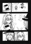  bow braid breasts broom buttons comic flying hair_bow happy hat hat_bow hidefu_kitayan izayoi_sakuya kirisame_marisa long_hair maid_headdress monochrome time_stop touhou translated translation_request twin_braids witch_hat 