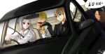  2girls black_gloves blonde_hair bracelet brown_hair car dizzy driving fate/stay_night fate/zero fate_(series) formal gilgamesh gloves green_eyes gyicarus irisviel_von_einzbern jewelry kotomine_kirei long_hair motor_vehicle multiple_boys multiple_girls necktie ponytail red_eyes saber suit tears vehicle white_hair 