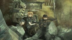  3girls aiming amane_suzuha braid gun multiple_girls nigiriushi rifle sniper_rifle soldier steins;gate twin_braids weapon 