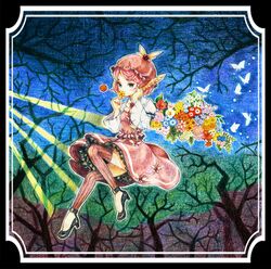  butterfly colored_pencil_(medium) flower hat mystia_lorelei pink_hair short_hair skirt skirt_set solo takanashi_minato thigh-highs thighhighs touhou traditional_media tree_branch 