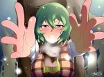  ascot blush foreshortening green_hair incoming_hug kazami_yuuka looking_at_viewer okachi outstretched_hand plaid plaid_vest red_eyes scarf shirt short_hair smile snow solo touhou vest youkai 