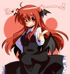  ;d bat_wings blush demon_wings dress_shirt frills gin_(shioyude) hand_on_hip head_wings koakuma long_hair long_sleeves necktie open_mouth pointing red_eyes red_hair redhead ringed_eyes shirt skirt skirt_set smile solo the_embodiment_of_scarlet_devil touhou translated very_long_hair vest wings wink 