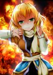  blonde_hair breasts dress fire green_eyes grin koza47322 mizuhashi_parsee pointing pointy_ears scarf smile solo thumbs_down touhou 