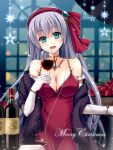  alternate_costume aqua_eyes blue_background bottle bracelet breasts choker christmas cleavage cup dress eiyuu_densetsu elbow_gloves elie_macdowell falcom flower formal glass gloves green_eyes grey_hair hair_ornament hairband hairpin hitsuki_rei jewelry large_breasts long_hair merry_christmas poinsettia red_dress sash smile solo star watermark web_address white_gloves wine wine_glass zero_no_kiseki 