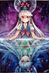  blue_dress different_reflection dress dual_persona ex-keine full_moon green_dress hat horn_ribbon horns kamishirasawa_keine long_hair monochrome moon mosho puffy_sleeves red_eyes reflection ribbon signature silver_hair sky smile solo star_(sky) starry_sky touhou 