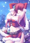 absurdres armpits arms_behind_head arms_up artist_request belt blue_eyes breasts capelet christmas cleavage corset elbow_gloves front-tie_top fur_trim gift gloves highres horns kamidori_alchemy_meister large_breasts long_hair midriff miniskirt navel open_mouth ragsmuena red_gloves red_hair redhead sack scythe skirt skull snow solo yakuri 