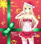  bare_shoulders blonde_hair blue_eyes breasts christmas cleavage collarbone garter_straps gloves hand_on_hip hat hips looking_at_viewer merry_christmas morerin navel original santa_costume santa_hat see-through skirt smile solo thigh-highs thighhighs 