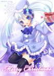  blue_eyes blue_hair blush bonnet bow christmas gift hatsune_miku headphones headset highres holding holding_gift long_hair open_mouth shimokirin skirt smile snowflakes solo thigh-highs thighhighs twintails very_long_hair vocaloid winter yuki_miku zettai_ryouiki 