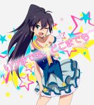  ;d ahoge antenna_hair aqua aqua_eyes black_hair dress earrings eyes fang ganaha_hibiki hoop_earrings idolmaster jewelry kyu open_mouth ponytail smile solo wink winkahoge 