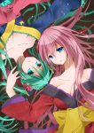  blue_eyes breasts cleavage green_eyes green_hair hatsune_miku japanese_clothes long_hair magnet_(vocaloid) megurine_luka multiple_girls pink_hair project_diva project_diva_2nd rina_(rinaaaa) very_long_hair vocaloid 