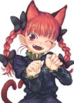  animal_ears braid bust cat_ears cat_tail extra_ears face fangs hands highres kaenbyou_rin multiple_tails nametake open_mouth red_eyes red_hair redhead solo tail teeth touhou twin_braids wink 