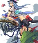  black_hair black_legwear blue_hair boots cross-laced_footwear food fruit hat highres hinanawi_tenshi houjuu_nue lace-up_boots long_hair multiple_girls panties pantyshot peach riding rock short_hair sorano_eika thigh-highs thighhighs touhou ufo underwear upside-down zettai_ryouiki 