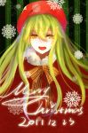  1boy androgynous bow christmas dated english enkidu_(fate/strange_fake) fate/strange_fake fate_(series) green_hair hat kzclover santa_hat snowflakes solo trap yellow_eyes 