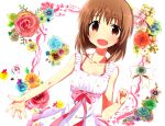  bow brown_eyes brown_hair collarbone dress flower hagiwara_yukiho idolmaster juuroku_anna looking_at_viewer open_mouth outstretched_arm short_hair simple_background sleeveless solo white_background white_dress 