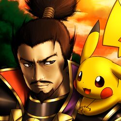  1boy black_hair brown_eyes facial_hair goatee male mustache nobunaga&#039;s_ambition nobunaga_no_yabou oda_nobunaga oda_nobunaga_(sengoku_musou) open_mouth pikachu pokemon pokemon_(creature) pokemon_(game) pokemon_+_nobunaga&#039;s_ambition pokemon_+_nobunaga_no_yabou ponytail sengoku_musou topaz/kenrokuen 