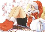  blue_eyes blush_stickers boots christmas hat hirokiku legs mouth_hold original sack santa_costume santa_hat sitting white_hair 