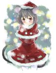  adapted_costume animal_ears arms_behind_back blush capelet grey_eyes hat highres mouse_ears mouse_tail nazrin red_eyes santa_costume santa_hat sape_(saperon_black) saperon short_hair solo tail touhou 
