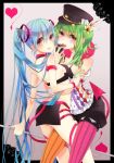  blue_hair breast_press breasts green_hair gumi hat hatsune_miku highres killer_lady_(song) killer_lady_(vocaloid) long_hair microphone mismatched_legwear multiple_girls nail_polish naoto_(tulip) pantyhose peaked_cap pink_eyes symmetrical_docking vertical-striped_legwear vertical_stripes very_long_hair vocaloid 