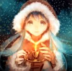  aqua_eyes aqua_hair candle christmas hatsune_miku hood long_hair snow snowing solo twintails urida vocaloid 