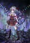  blonde_hair boots bow chain chains childofa dress flandre_scarlet frills gloves hair_bow no_hat no_headwear red_eyes short_hair side_ponytail skull smile solo the_embodiment_of_scarlet_devil touhou wings 