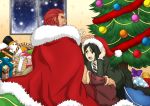  armor bangs beard black_eyes black_hair candy_cane cape christmas christmas_ornaments christmas_tree facial_hair fate/stay_night fate/zero fate_(series) gift hat male multiple_boys necktie parted_bangs red_hair redhead rider_(fate/zero) santa_hat short_hair snowing snowman tsuki314 waver_velvet 