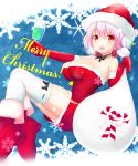  1girl bare_shoulders breasts christmas elbow_gloves gloves hat headphones highres kirimoti34 looking_at_viewer merry_christmas nitroplus open_mouth pink_hair red_eyes sack santa_costume santa_gloves santa_hat snow snowflakes solo super_sonico thigh-highs thighhighs white_legwear 