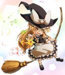  apron braid broom buttons chibi hair_ribbon hands hat hat_ribbon highres im_(badmasa) kirisame_marisa long_hair looking_at_viewer magic mary_janes open_mouth orange_eyes outstretched_hand ribbon shoes side_braid skirt skirt_set smile socks solo star touhou waist_apron witch witch_hat yellow_eyes 
