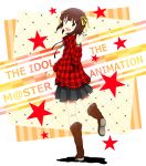  amami_haruka any_(artist) boots brown_hair green_eyes hair_ribbon highres idolmaster open_mouth plaid ribbon short_hair skirt smile solo star watch 