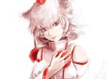  animal_ears detached_sleeves face grey_eyes hand_over_heart hands hat inubashiri_momiji lips ma_nyan_(nyao_mao_nyao) messy_hair pom_pom_(clothes) pom_pom_(clothing) short_hair smile solo tail tokin_hat touhou white_hair wolf_ears wolf_tail 