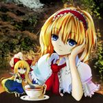  alice_margatroid blonde_hair blue_eyes capelet colored cup dress hairband head_on_hand highres holding holding_spoon jellylily kuroneko_(fragrant_olive) saucer shanghai shanghai_doll solo spoon table tea teacup touhou tree 