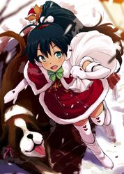  animal aqua_eyes black_hair blush boots cat christmas dog earmuffs elbow_gloves fang from_above ganaha_hibiki gloves hamuzou highres idolmaster inumi open_mouth ponytail sack santa_costume smile solo thigh-highs thighhighs tsuttsu white_legwear winter winter_clothes zettai_ryouiki 