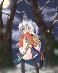  black_legwear blue_eyes food forest full_moon hat japanese_clothes mononobe_no_futo moon nature nikuman open_mouth pantyhose ponytail ribbon scarf short_hair silver_hair skirt smile snow solo tanabe_mupa tate_eboshi touhou 