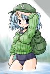  akou_roushi alternate_costume arm_up backpack bag blue_eyes blue_hair blush breasts buruma hair_bobbles hair_ornament hand_on_forehead hand_on_head hat kawashiro_nitori key one-piece_swimsuit open_mouth randoseru ribbed_sweater school_swimsuit short_hair sleeves_pushed_up solo standing sweater swimsuit swimsuit_under_clothes touhou twintails vertical_stripes wading water 