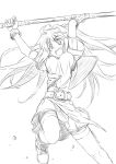  :d ahoge belt bouncing_breasts breasts character_request eiyuu_densetsu estelle_bright falcom fingerless_gloves gloves highres isedaichi_ken long_hair monochrome open_mouth polearm sketch skirt smile solo sora_no_kiseki staff thigh-highs thighhighs twintails weapon 