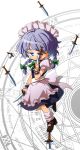  apron blue_eyes braid chibi colored_eyelashes eyelashes highres im_(badmasa) izayoi_sakuya knife maid maid_headdress planted_weapon short_hair silver_hair solo standing_on_one_leg throwing_knife touhou twin_braids waist_apron weapon 