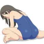  ass back barefoot black_eyes black_hair feet long_hair looking_at_viewer looking_back minakami_mai nichijou no_glasses one-piece_swimsuit shadow simple_background sitting soles solo swimsuit tan toes tomboo wariza wet white_background 