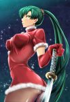  ass elbow_gloves fire_emblem fire_emblem:_rekka_no_ken gloves green_eyes green_hair highres katana long_hair lyndis_(fire_emblem) pantyhose santa_costume shinon_(tokage_shuryou) solo sword weapon 