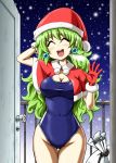  christmas cleavage competition_swimsuit door earrings gloves green_hair hat jewelry kousei_(public_planet) long_hair one-piece_swimsuit original publicplanet sack santa_hat school_swimsuit shawl snow swimsuit 