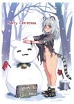  :3 ahoge animal_ears bell blush bottomless breasts christmas green_eyes grey_hair nomura_ryouji original sideboob snow snowman solo tail thick_thighs thighs tiger_ears tiger_tail 