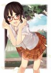  black_hair blush brown_eyes glasses ichiko_oharu original outdoors petals plaid plaid_skirt school_uniform short_hair skirt tree 