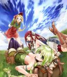  aqua_eyes armlet ass bag bare_shoulders black_legwear blonde_hair bonnet boots breasts cloud cordelia_(saga_frontier_2) dress ginny_knights grass green_eyes green_hair highres kininaljaguar legwear_under_shorts long_hair lying meythia multi-tied_hair multiple_girls outdoors pantyhose primiera red_dress red_hair redhead saga saga_frontier_2 shorts sky smile 